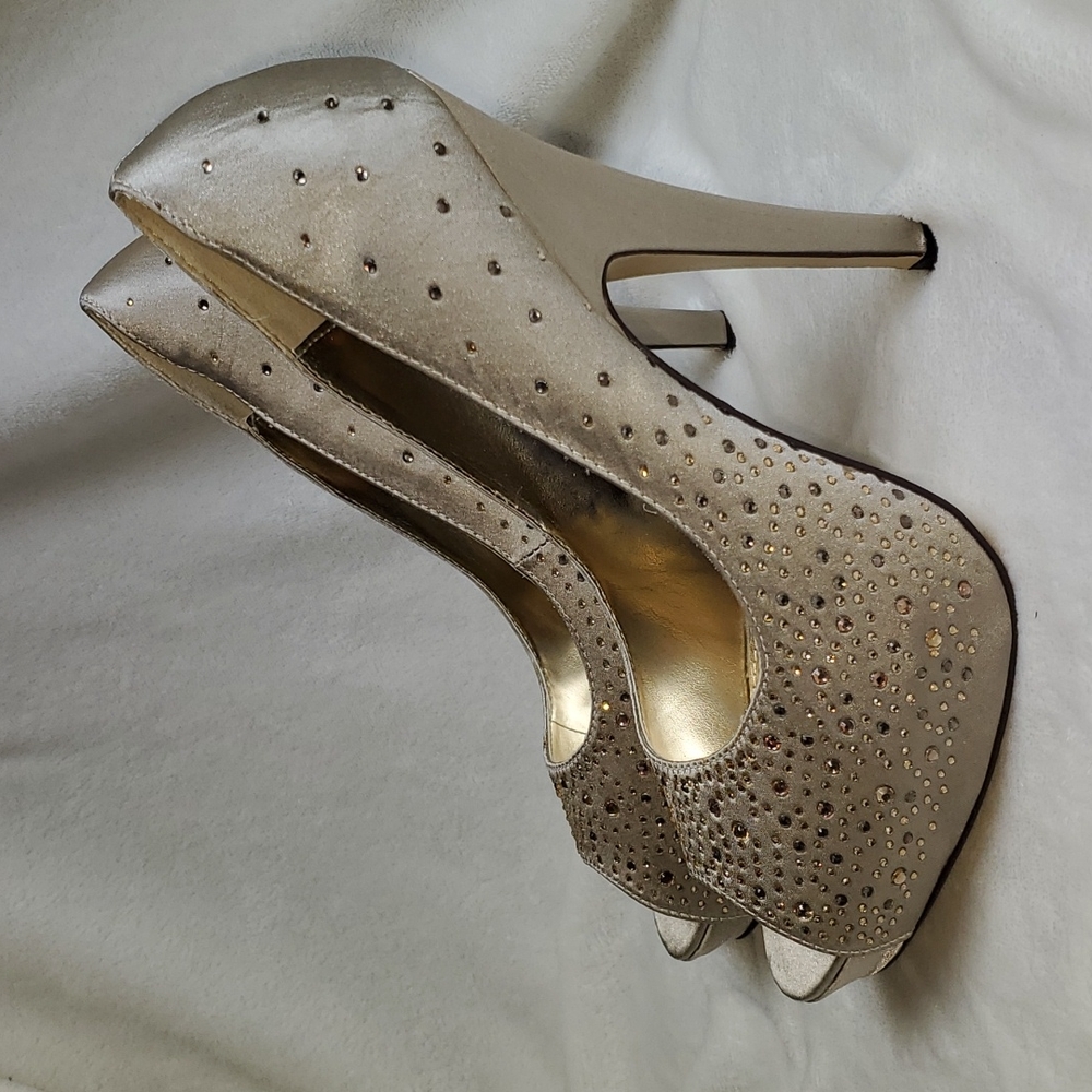 Natural Satin heels embellished with Rhinestones